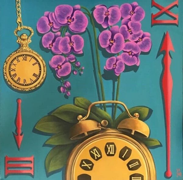 In Concept of Time,there are two o'clocks and some flower,two roman numbers.