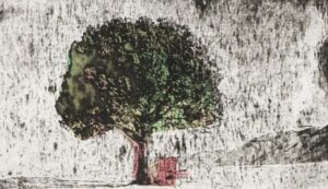 Single Tree is a tree with a chair under it is a printmaking work.