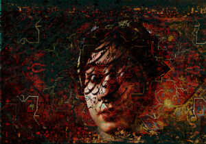 "Women make the world beautiful" is a digital art .The photo of a beautiful young woman is accompanied by red motifs.