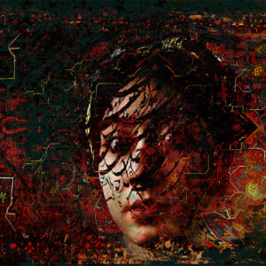 "Women make the world beautiful" is a digital art .The photo of a beautiful young woman is accompanied by red motifs.