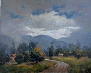 "On the way of life" is a painting depicting a peaceful scene of a rural landscape on a cloudy day.
