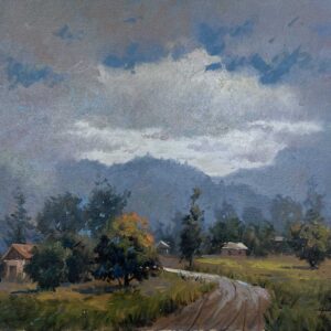 "On the way of life" is a painting depicting a peaceful scene of a rural landscape on a cloudy day.