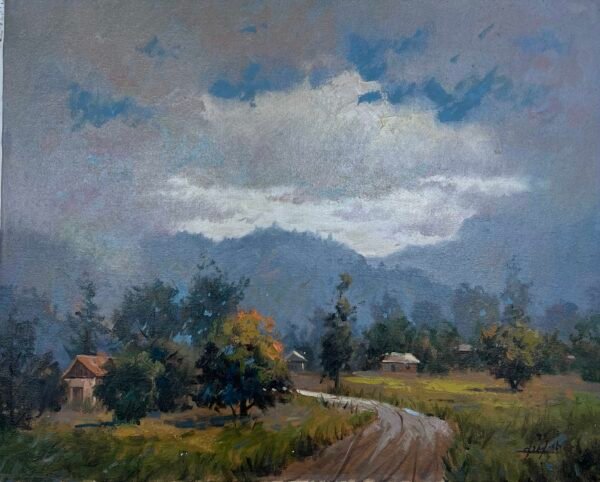 "the Path of Life" is a painting depicting a peaceful scene of a rural landscape on a cloudy day.