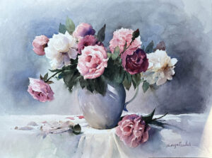 "A Beautiful Bouquet for You" is a watercolor painting of red, pink, and white roses