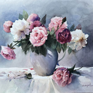 "A Beautiful Bouquet for You" is a watercolor painting of red, pink, and white roses