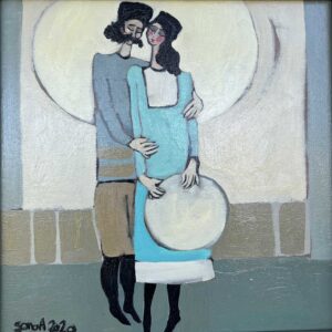 "Love Me" is a painting in which a man and a woman stand together. The woman holds a drum in her hand, and the man holds the woman in his arms.