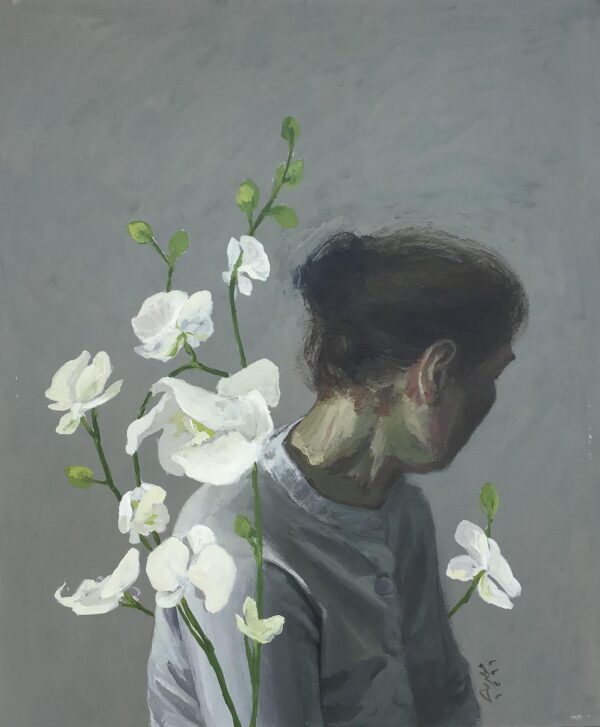 Female Portrait Art featuring a woman with her face turned away, surrounded by white orchids on a gray background.