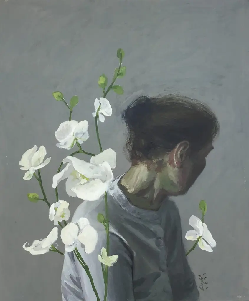 "Painting with white orchids and neutral tones"