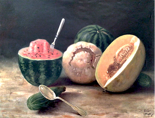 Still life painting of fruits by Mirza Ali Akbar Khan Mossavar al-Sultan, featuring watermelon, cantaloupe, and cucumbers with a silver spoon and fork, from the Qajar era.